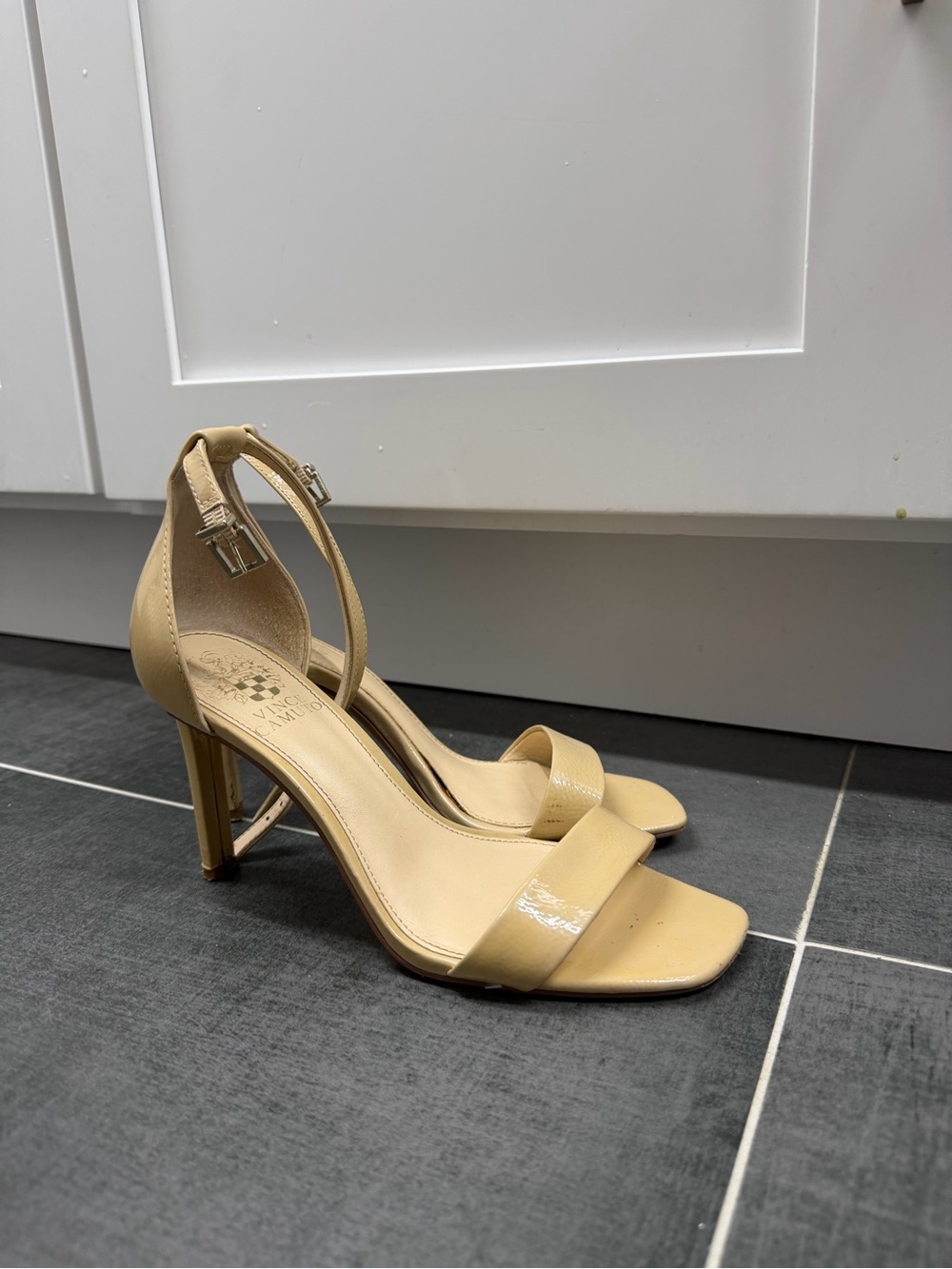 Vince Camuto Nude Patent Ankle-Strap Heels